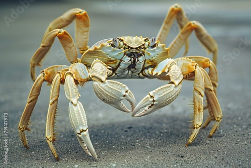 Close up of a yellow crab on the beach in the morning
