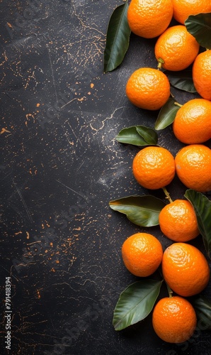 Fresh kuquat fruit with leaves on a textured dark slate background. photo