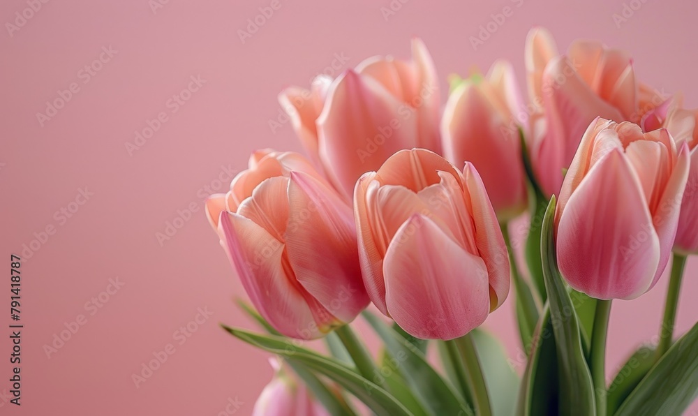 Naklejka premium Tulips on pink background. Greeting card for Valentine's Day, Woman's Day, Mother's Day, Easter.