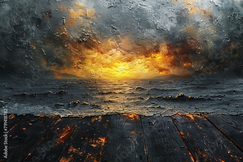 Wooden pier with burning sea on the background,   rendering photo