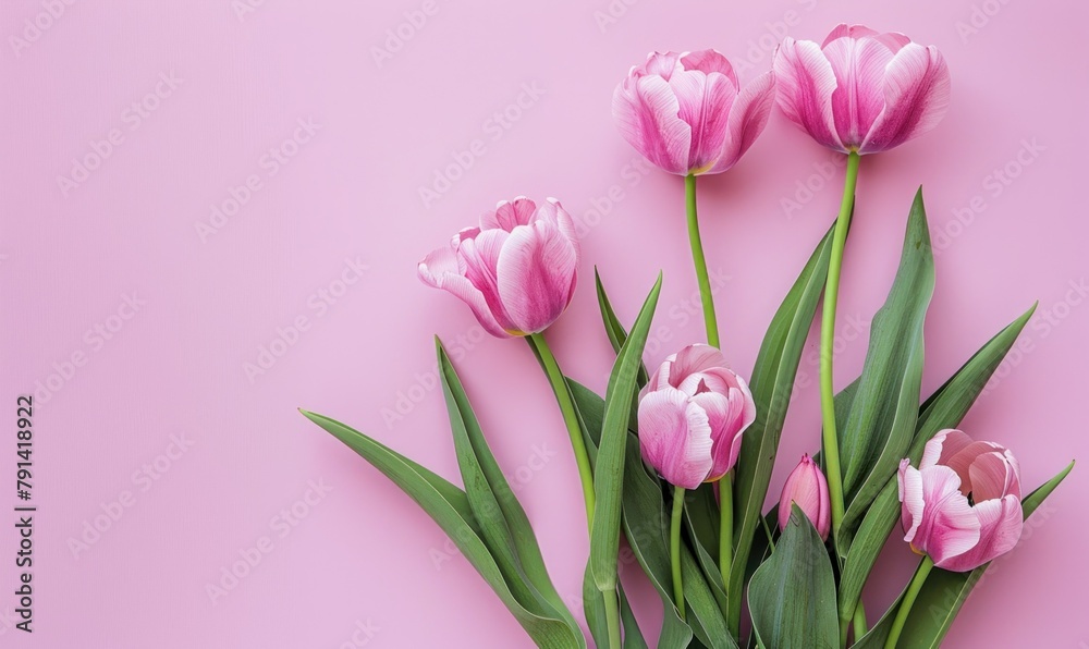 Fototapeta premium Pink tulips on pink background. Flat lay, top view. Space for text.