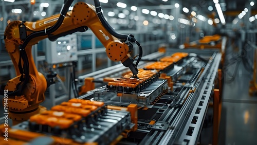 Robotic arm at giga factory assembles electric vehicle batteries for green energy. Concept Green Energy, Electric Vehicles, Robotic Technology, Giga Factory, Battery Assembly photo