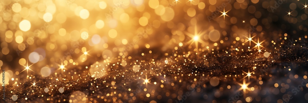 A shimmering golden background filled with bokeh lights and stars offering a perfect backdrop for festive celebrations