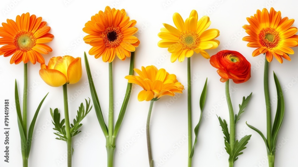 Obraz premium A vibrant collection of various meadow flowers, presenting unique shapes and colors, meticulously arranged on a stark white background to highlight their natural beauty.