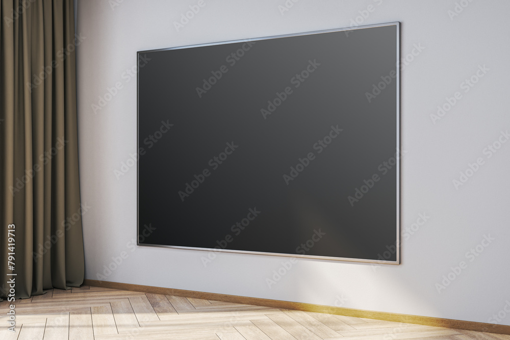 Modern interior with empty black mock up banner on wall, curtain and sunlight. 3D Rendering. Modern interior with empty black mock up banner on wall, curtain and sunlight. 3D Rendering.
