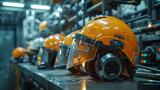 Close-up of safety glasses on a helmet, set against the backdrop of a high-energy physics laboratory, symbolizing cutting-edge research safety, high-resolution, 8K