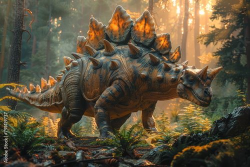 A quirky Stegosaurus, with its distinctive plates along its back and spiked tail, lumbering through dense prehistoric forests. Concept of armored herbivore. Generative Ai.