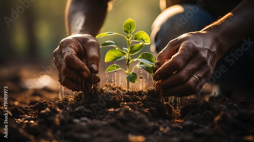 Farmers planting new trees and watering them to help increase oxygen in the air and reduce global warming, planting new trees in the forest, Concept of people Save the earth, world or planet, ecology 