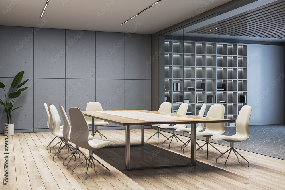 Modern conference room with a long table, chairs, and a shelving unit, on a wooden floor against a concrete wall, concept of business meetings. 3D Rendering Modern conference room with a long table, chairs, and a shelving unit, on a wooden floor against a concrete wall, concept of business meetings. 3D Rendering