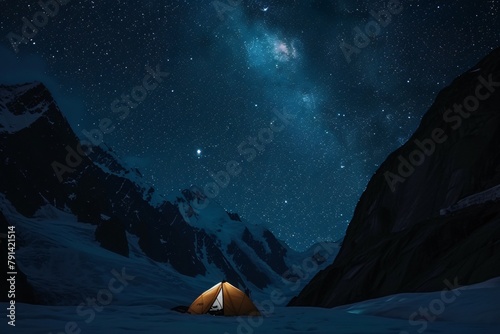 Tent in the mountains. Night sky over mountains, dramatic, heavenly, peaceful, alpine, stargazing.