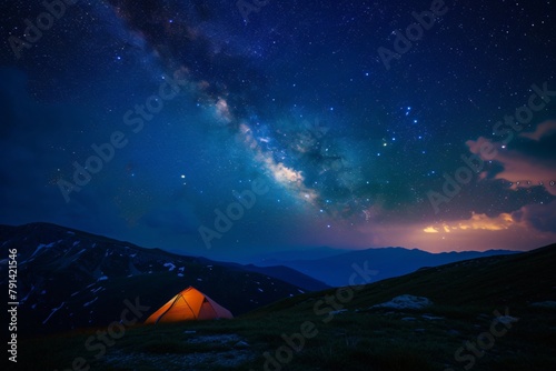 Tent in the mountains. Night sky over mountains, dramatic, heavenly, peaceful, alpine, stargazing.