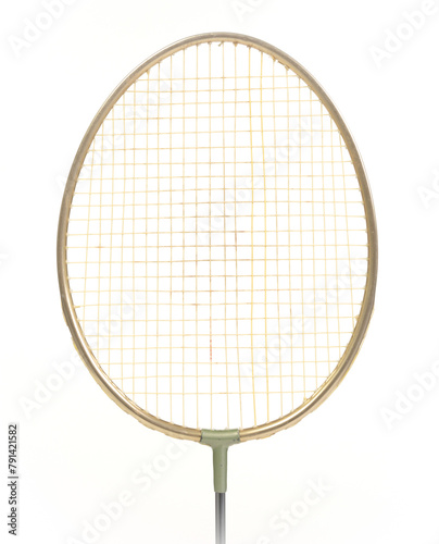 Old badminton racket on a white background.