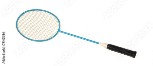 Old badminton racket on a white background.