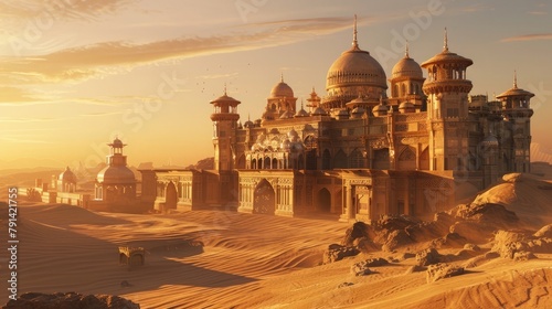 An opulent palace rising from the desert sands, its domed towers and intricate archways a testament to the wealth and power of its rulers. As the sun sets,  #791421755