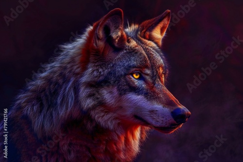 Portrait of a wolf on a dark background with a red smoke