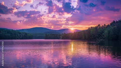 A stunning view of a secluded mountain lake at sunset with lavendercolored clouds tered across the sky. 2d flat cartoon.