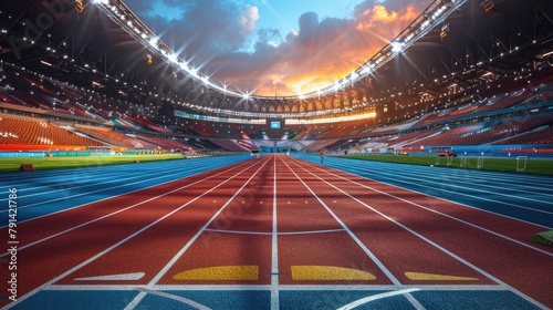 Empty Olympic track stadium. Summer Olympic Games mockup, copy space photo