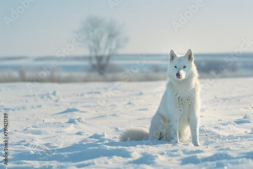 Beautiful white siberian husky dog sitting in the snow photo