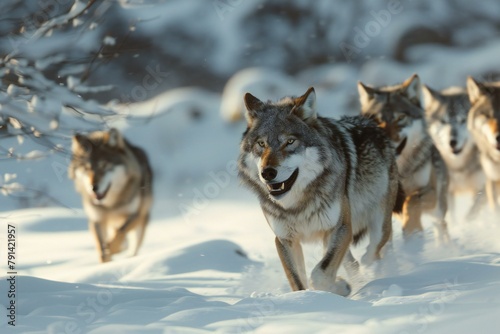 Group of grey wolves running in winter forest   Animals in natural habitat
