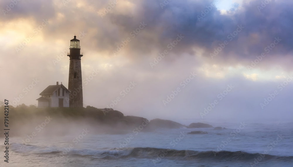 old weathered lighthouse, ocean, fog, dark morning light, dramatic clouds , generated by AI