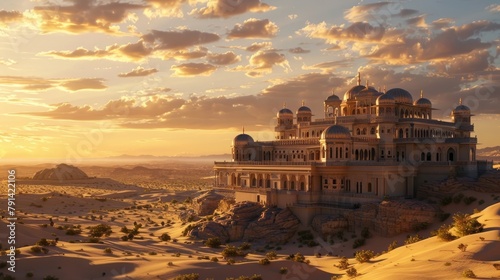 An opulent palace rising from the desert sands, its domed towers and intricate archways a testament to the wealth and power of its rulers. As the sun sets, 