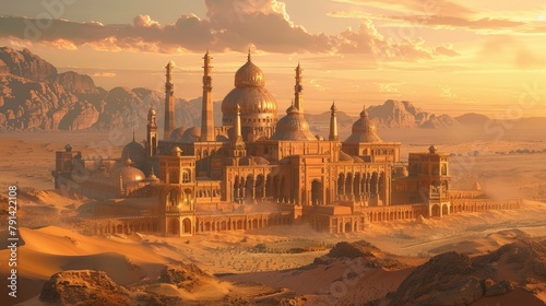 An opulent palace rising from the desert sands, its domed towers and intricate archways a testament to the wealth and power of its rulers. As the sun sets,  photo
