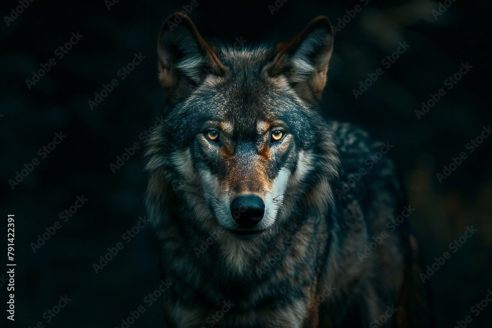 Portrait of a wolf on a dark background in the forest