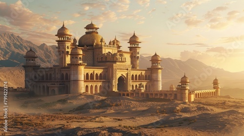 An opulent palace rising from the desert sands, its domed towers and intricate archways a testament to the wealth and power of its rulers. As the sun sets, 