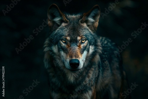 Portrait of a wolf on a dark background in the forest © Cuong