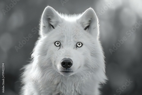 Portrait of a white wolf with blue eyes in black and white