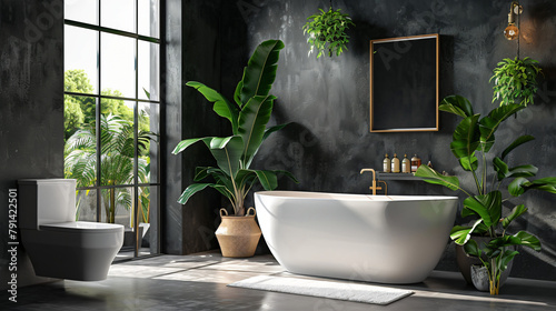 Modern bathroom scene with a black wall window bathtub 