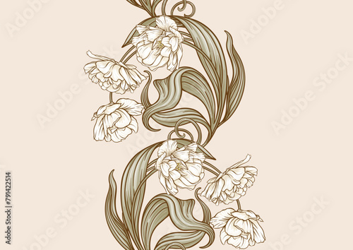 Terri Tulip flowers, decorative flowers and leaves in art nouveau style, vintage, old, retro style. Seamless pattern, background. Vector illustration.