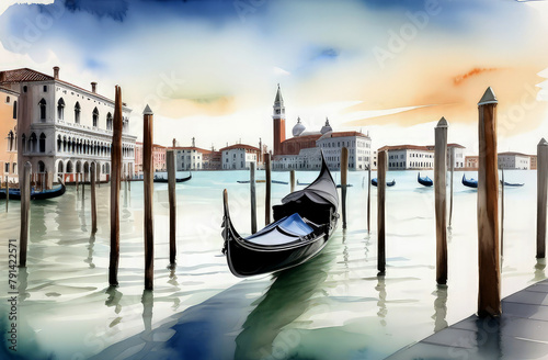 watercolor postcard with Italy,Venice, gondolas on the river