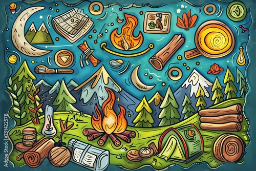 Cartoon cute doodles of a summer camp adventure, with campfires, hiking trails, and late-night stories under the stars, Generative AI