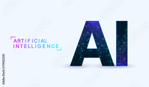 Artificial Intelligence with circuit electric line style. Digital futuristic machine learning design. AI sign for graphic design, logo, website, social media, mobile app, UI. Vector illustration