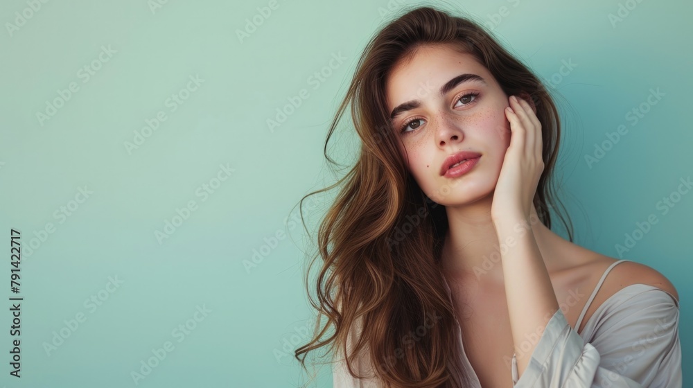 Beautiful amazing France woman on studio background in casual dress. Copy Space.