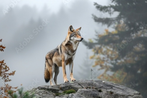 Wolf on a rock in the foggy forest   Canis lupus sign