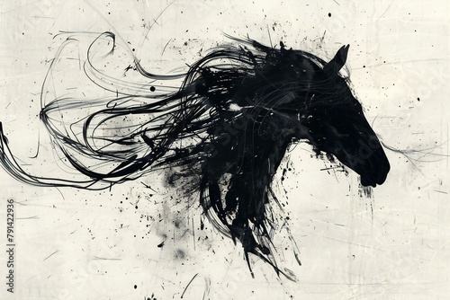 Horse head silhouette with paint splashes on a grunge background