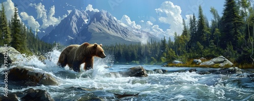 A grizzly bear hunting a salmon fish photo
