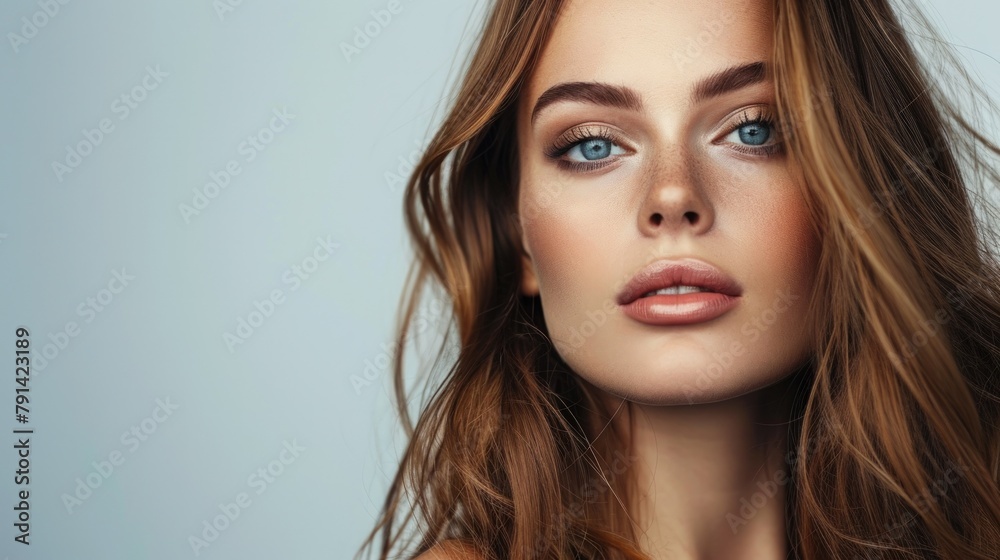 Beautiful amazing France woman on studio background in casual dress. Copy Space. Beautiful amazing France woman on studio background in casual dress. Copy Space.