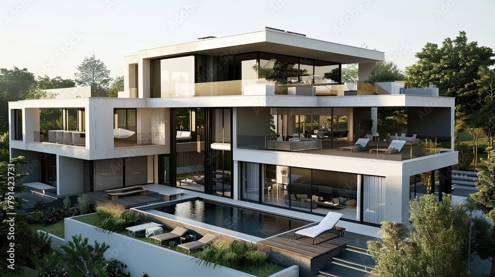 An ultra-modern villa with sleek lines and minimalist design, featuring infinity pools and rooftop terraces that offer panoramic views of the surrounding landscape, 