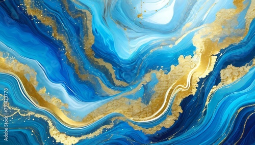 Marbled Serenity: Hand-Painted Blue & Gold Background