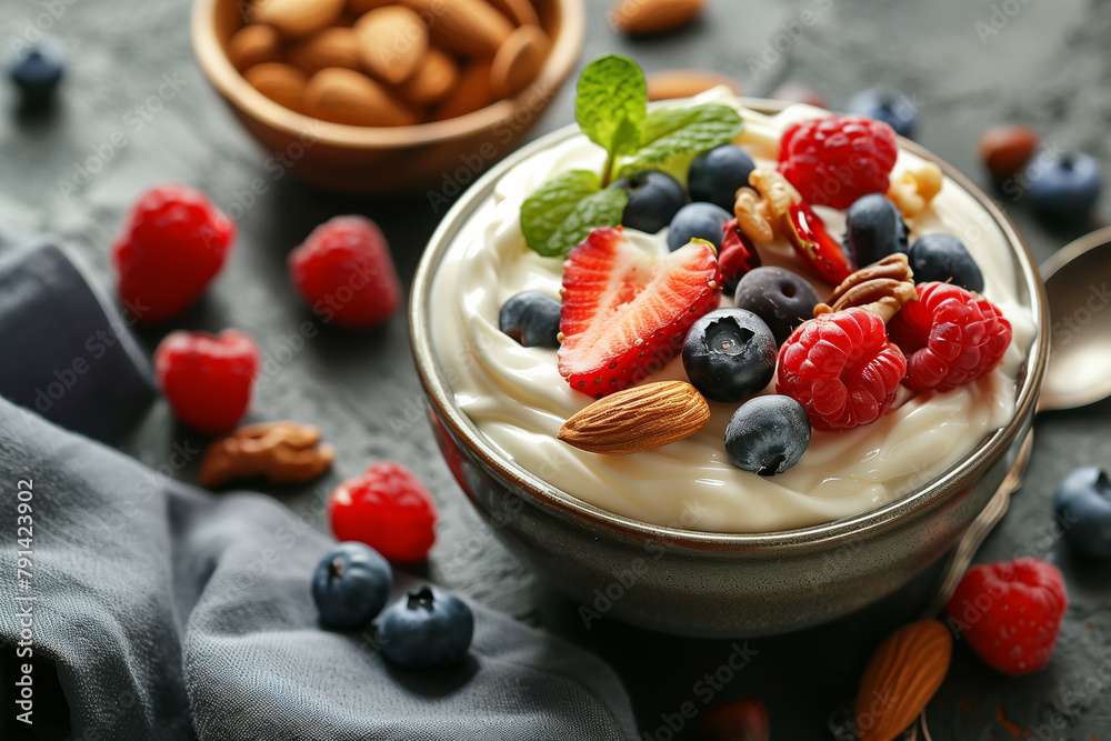 Greek yogurt with berries and nuts. Healthy meal. vegetarian dessert. Greek yogurt with berries and nuts. Healthy meal. vegetarian dessert.