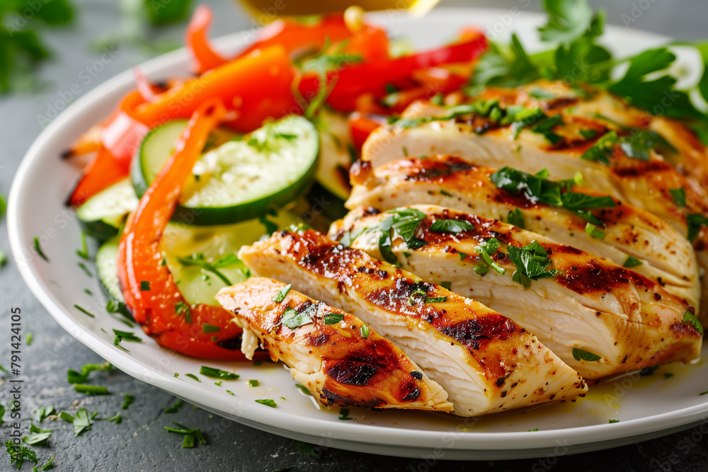 Sliced chicken breast with vegetables. Chicken salad. Healthy meal. Sliced chicken breast with vegetables. Chicken salad. Healthy meal.