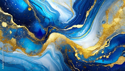 Fluidity in Blue & Gold: Hand-Painted Abstract Art
