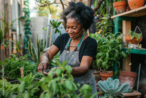 Happy senior afroamerican woman taking care of plants outdoors in garden. Hobby on retirement. 