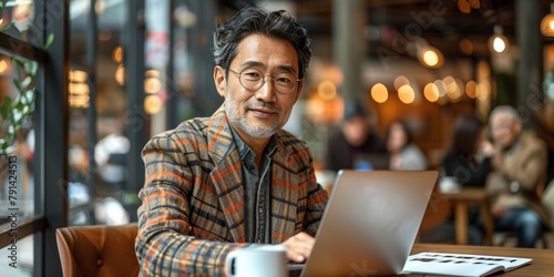 Confident businessman works in a restaurant, using laptop, immersed in online business matters