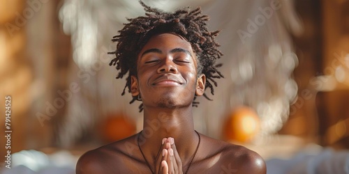 A serene man finds peace and happiness practicing yoga, radiating calm and contentment