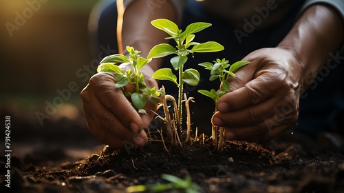 Farmers planting new trees and watering them to help increase oxygen in the air and reduce global warming, planting new trees in the forest, Concept of people Save the earth, world or planet, ecology 