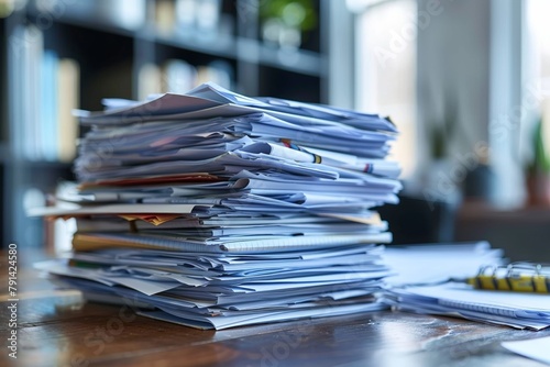 A stacked paperwork heap in an office, symbolizing organization, data management, and financial accounting